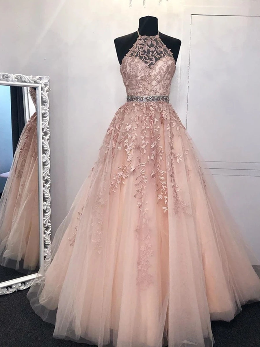 Langes A-Linien-Ballkleid mit Neckholder und rückenfreiem Tüll und Spitze