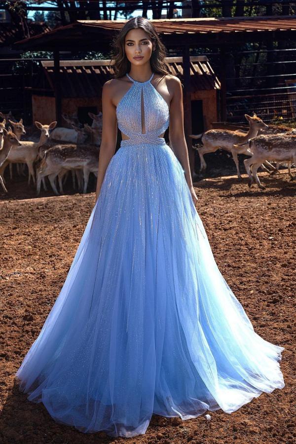 Vestido de fiesta largo de tul con espalda descubierta, corte A, cuello halter, lentejuelas y cuentas