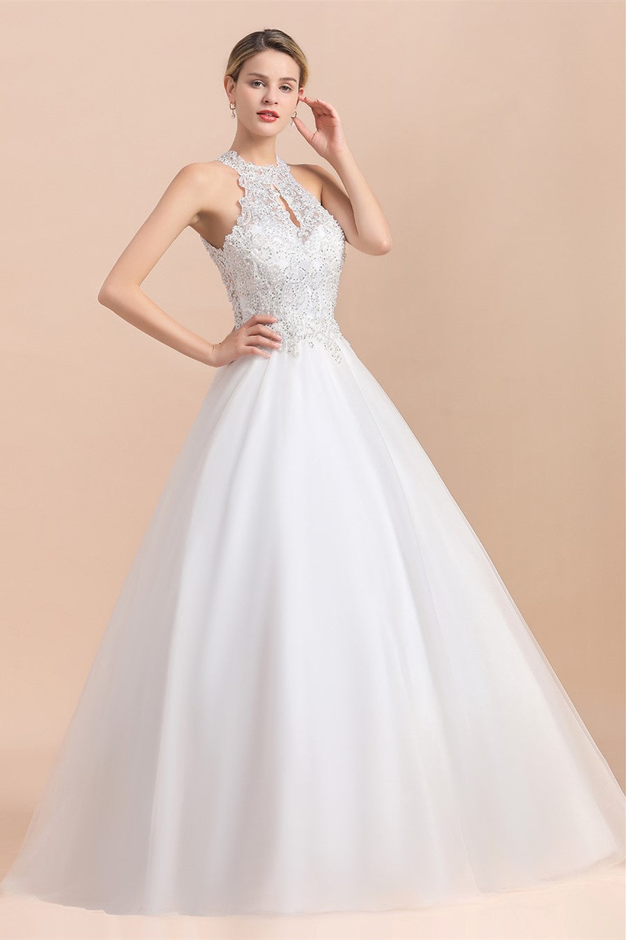 Vestido de novia largo de corte A con cuello halter, apliques de encaje y lentejuelas, sin mangas
