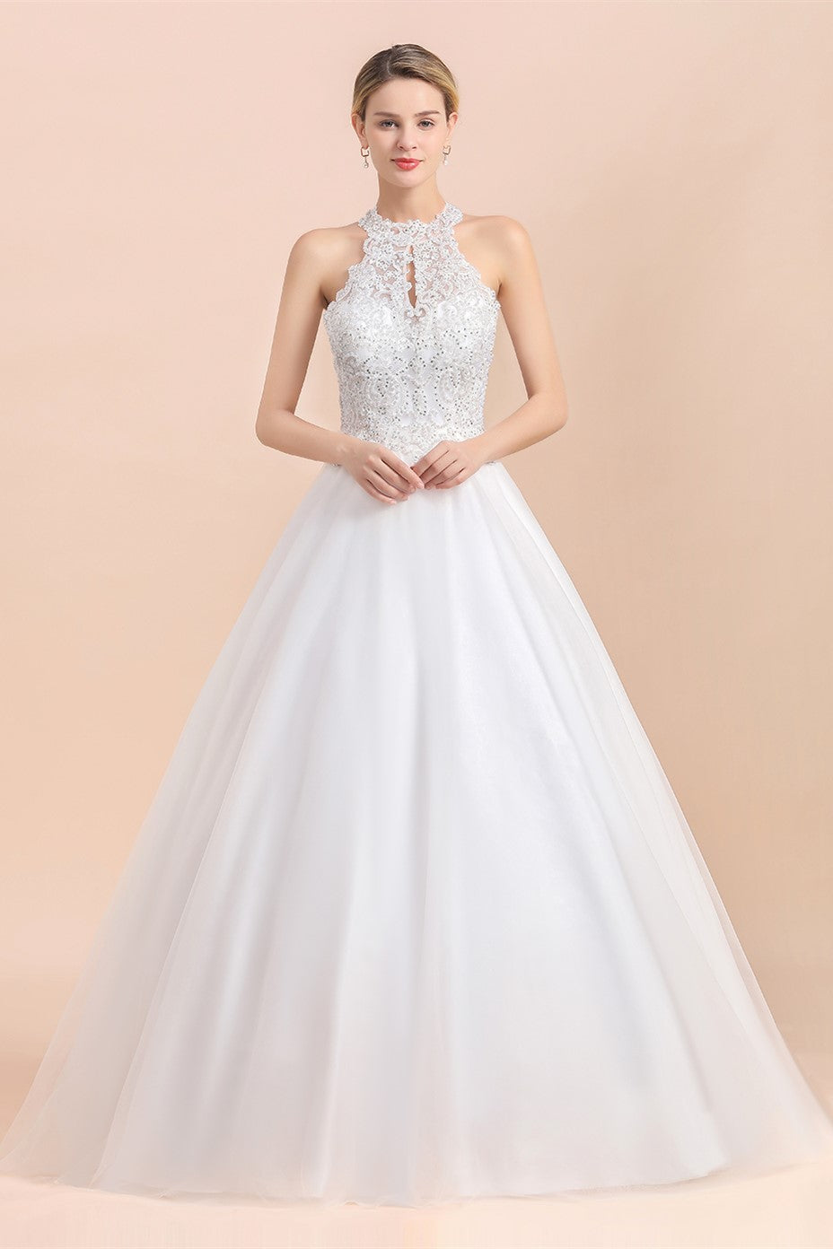 Vestido de novia largo de corte A con cuello halter, apliques de encaje y lentejuelas, sin mangas