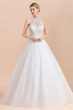 Vestido de novia largo de corte A con cuello halter, apliques de encaje y lentejuelas, sin mangas