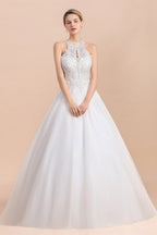 Vestido de novia largo de corte A con cuello halter, apliques de encaje y lentejuelas, sin mangas