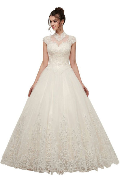 Long A-line High Neck Lace Appliques Short Sleeves Wedding Dresses with Lace-up