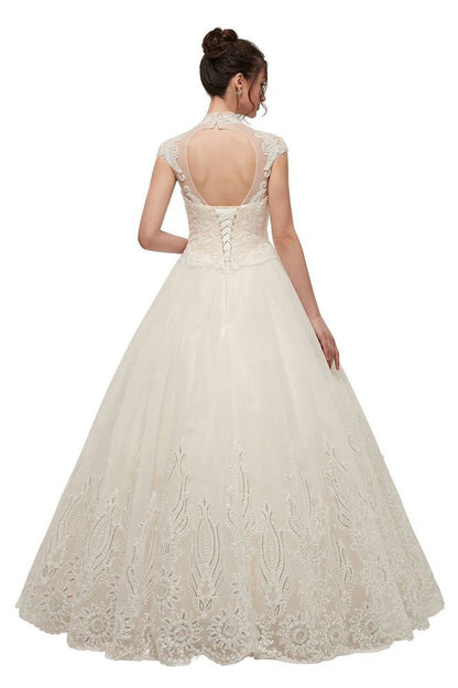 Long A-line High Neck Lace Appliques Short Sleeves Wedding Dresses with Lace-up