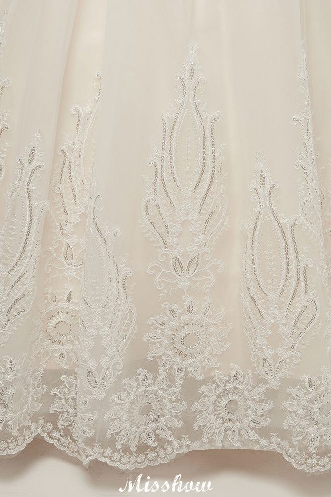 Long A-line High Neck Lace Appliques Short Sleeves Wedding Dresses with Lace-up