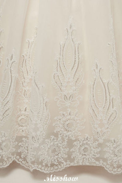 Long A-line High Neck Lace Appliques Short Sleeves Wedding Dresses with Lace-up