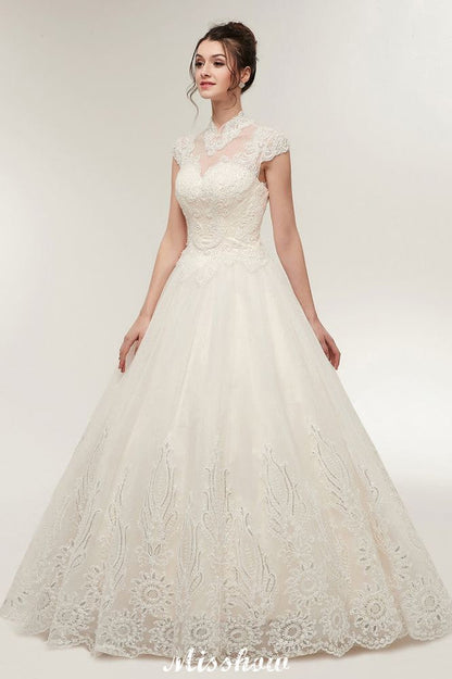 Long A-line High Neck Lace Appliques Short Sleeves Wedding Dresses with Lace-up