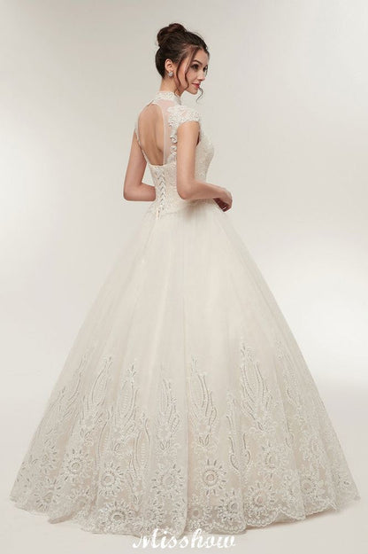Long A-line High Neck Lace Appliques Short Sleeves Wedding Dresses with Lace-up