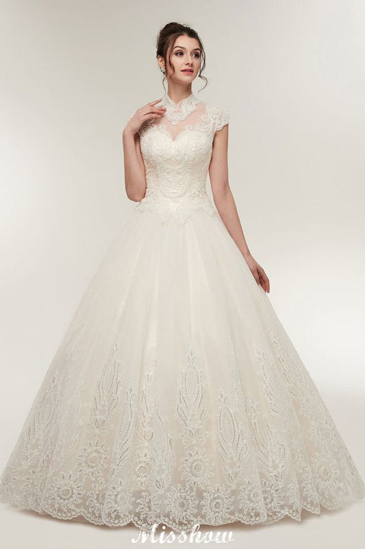 Long A-line High Neck Lace Appliques Short Sleeves Wedding Dresses with Lace-up