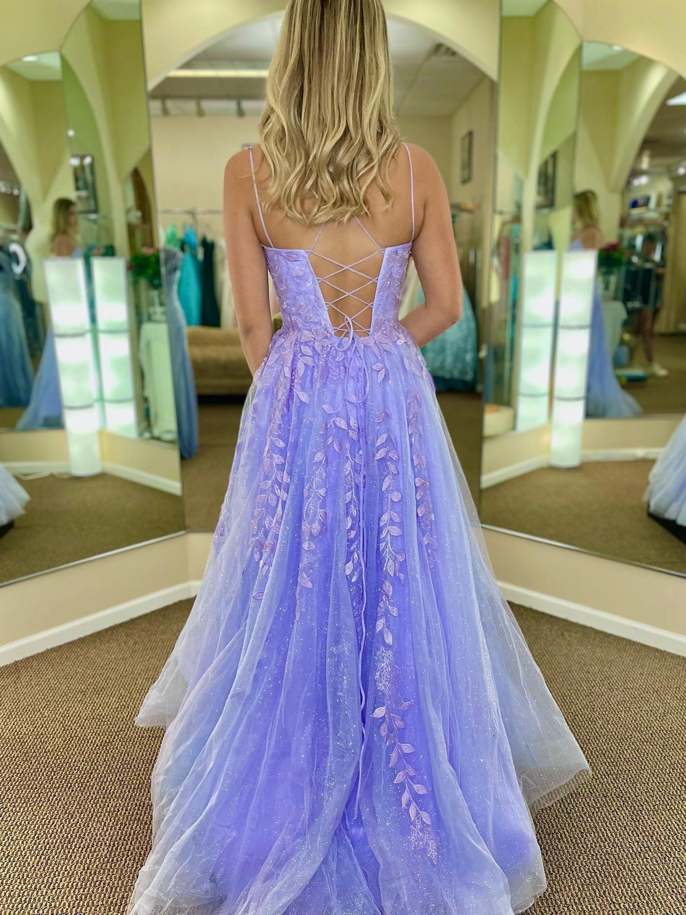 Long A-line Lace Tulle Backless Prom Dresses Purple Formal Evening Dresses