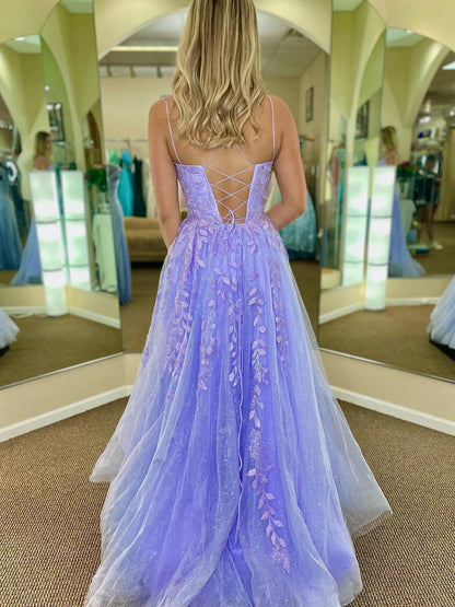 Long A-line Lace Tulle Backless Prom Dresses Purple Formal Evening Dresses