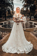Langes, schulterfreies Brautkleid in A-Linie mit 3D-Blumenmuster und Spitzenapplikationen