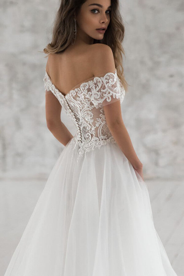 Langes, schulterfreies A-Linien-Brautkleid aus Tüll mit Applikationen und Ärmeln
