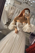 Long A-line Off The Shoulder Appliques Tulle Wedding Dress with Sleeves