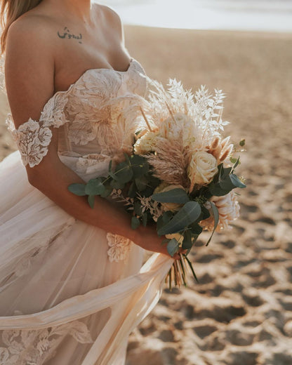 Long A-Line Off-the-Shoulder Backless Appliques Lace Tulle Wedding Dress