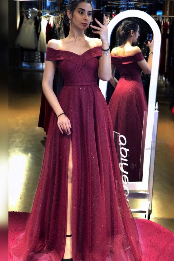 Vestido de fiesta largo de tul con lentejuelas, espalda descubierta, hombros descubiertos y corte A con abertura