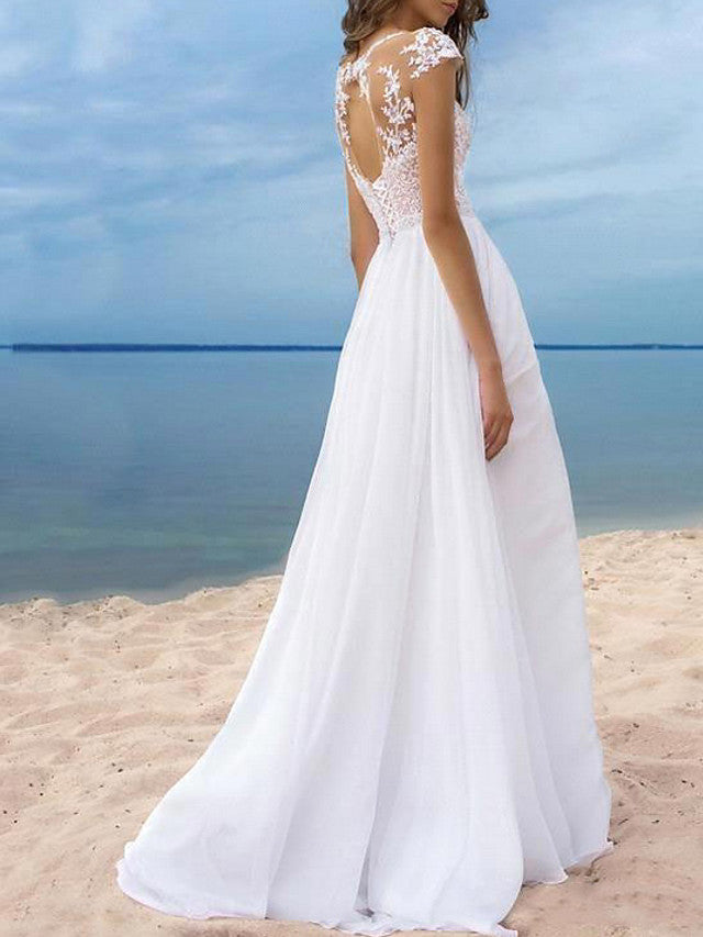 Long A-Line Off the Shoulder Chiffon Backless Wedding Dresses with Slit