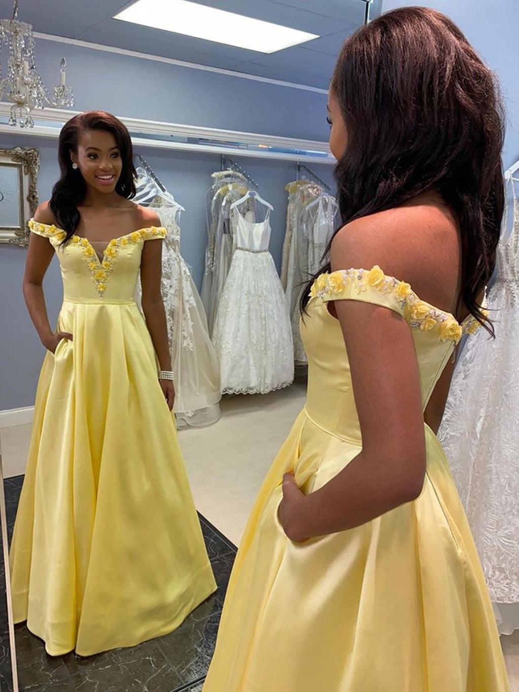 Vestidos de fiesta formales de satén con hombros descubiertos, corte A largo y bolsillos