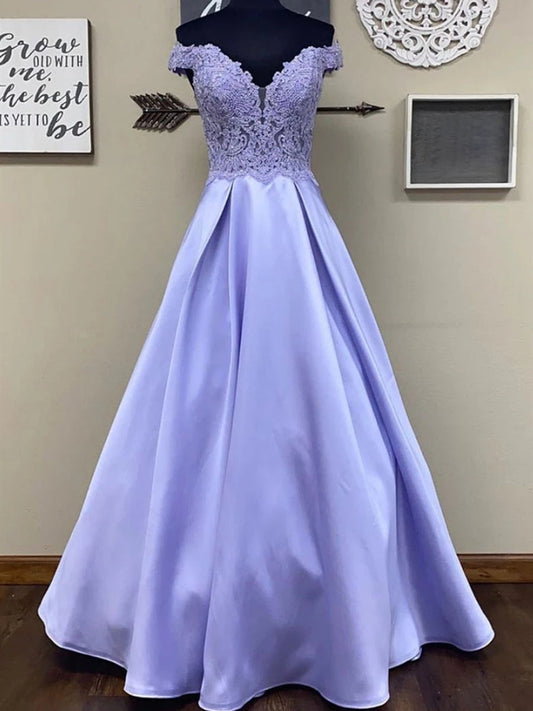 Long A-line Off the Shoulder Satin Lace Formal Graduation Prom Dresses
