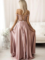 Langes, schulterfreies A-Linien-Ballkleid aus Satin und Spitze, zweiteilig