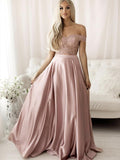 Langes, schulterfreies A-Linien-Ballkleid aus Satin und Spitze, zweiteilig