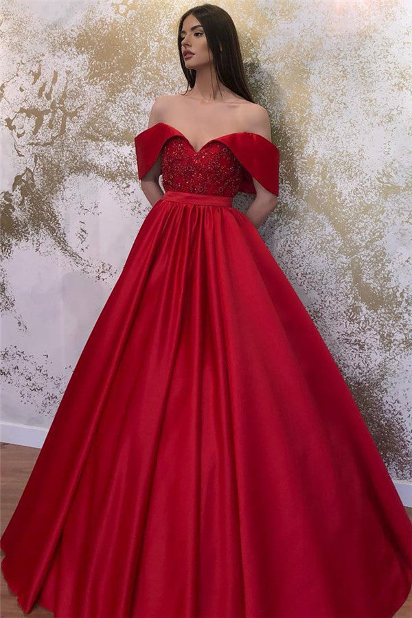 Langes, schulterfreies Satin-Abendkleid mit Herzausschnitt in A-Linie