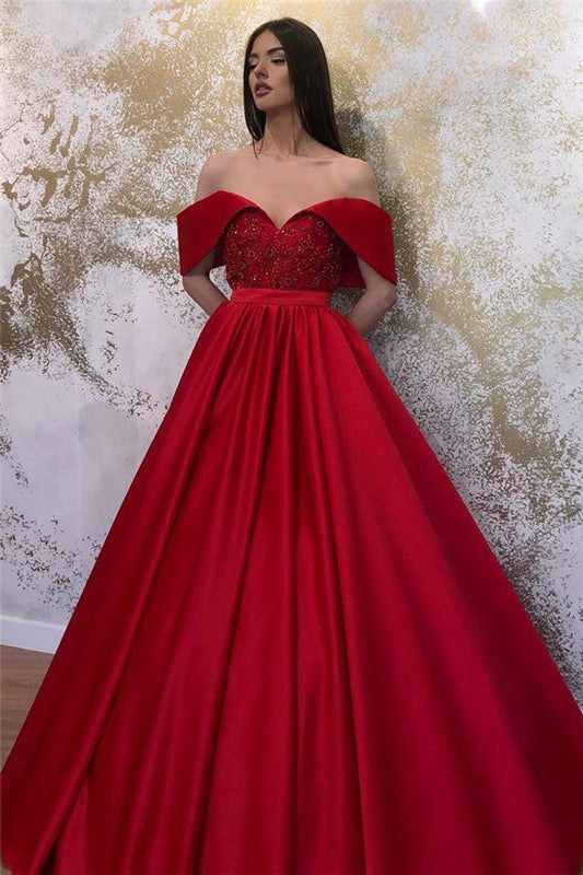Langes, schulterfreies Satin-Abendkleid mit Herzausschnitt in A-Linie
