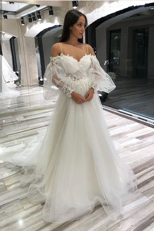 Vestido de novia largo de tul con encaje, escote en forma de A, hombros descubiertos, apliques de corazón y mangas