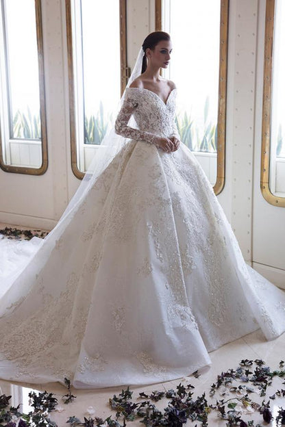 Long A-Line Off-the-Shoulder Sweetheart Backless Appliques Lace Crystal Wedding Dress with Sleeves