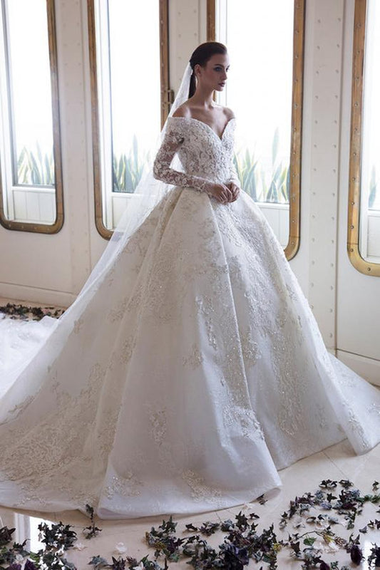 Long A-Line Off-the-Shoulder Sweetheart Backless Appliques Lace Crystal Wedding Dress with Sleeves