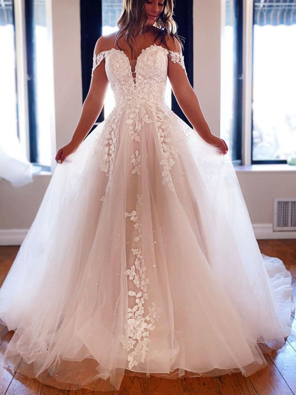 Vestido de fiesta largo de tul con hombros descubiertos y corte en A, de encaje blanco, para noche formal