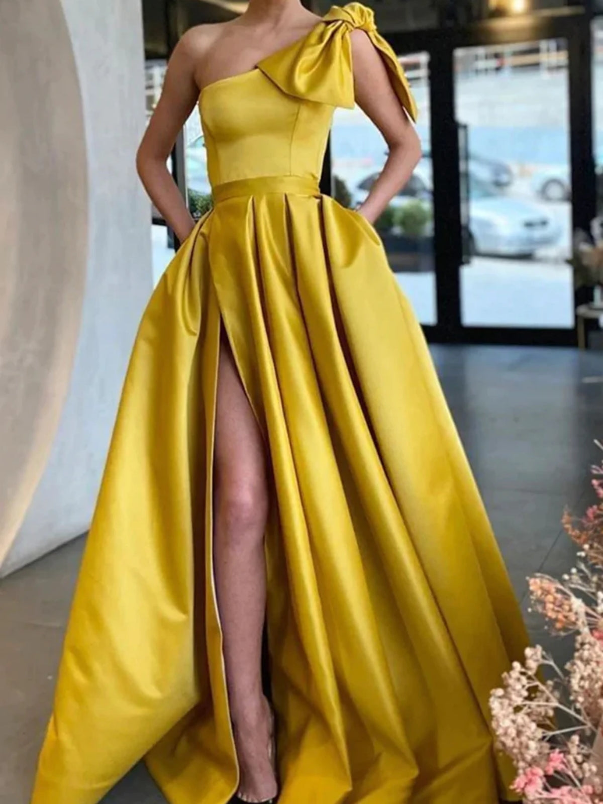 Long A-line One Shoulder Satin Front Slit Prom Dresses with Pockets