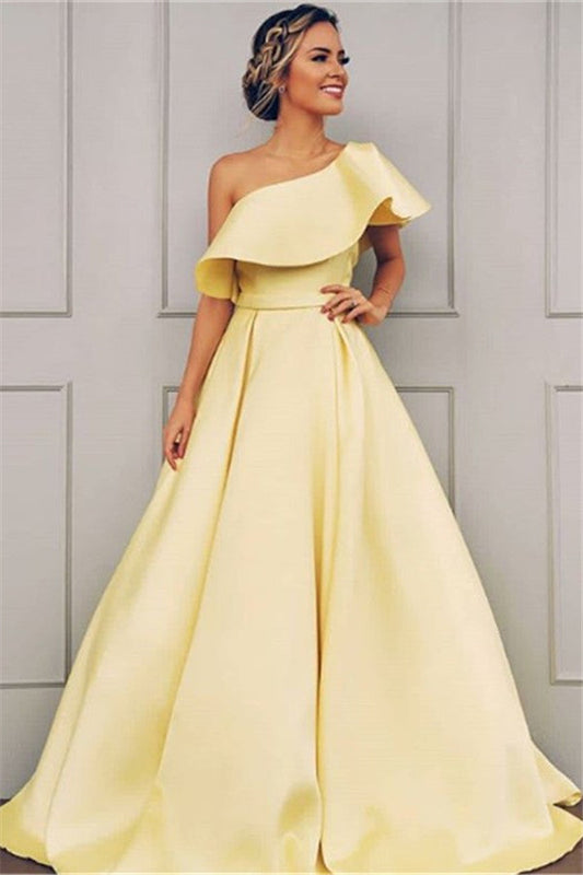 Langes A-Linie One-Shoulder-Ballkleid aus Satin in Gelb