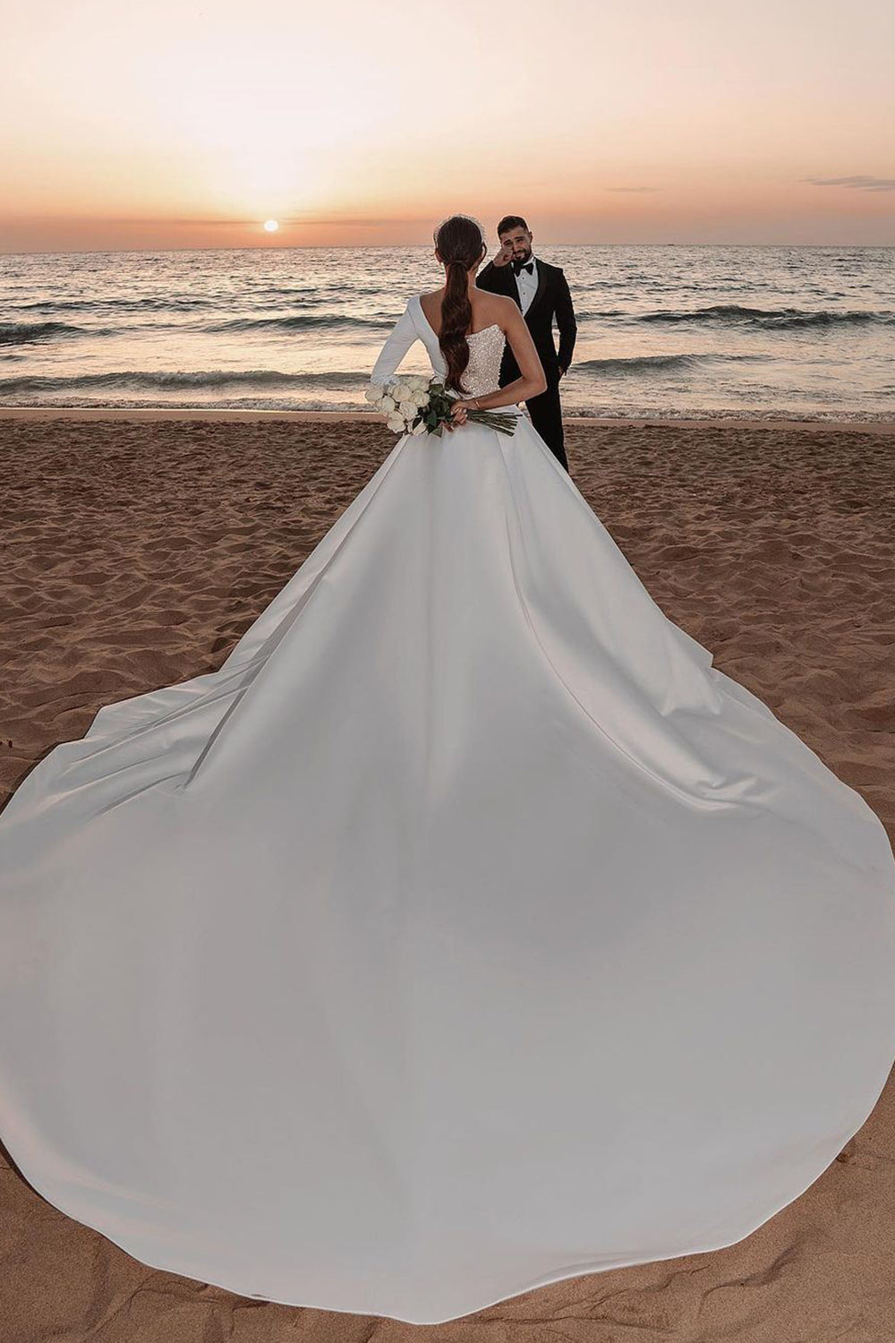 Long A-line One Shoulder Sequins Satin Wedding Dress with Sleeves