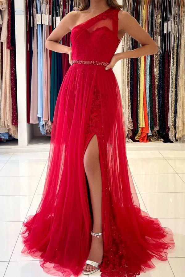 Langes A-Linien-Ballkleid aus Tüll mit One-Shoulder-Träger, Schlitz vorne und abnehmbarer Schleppe