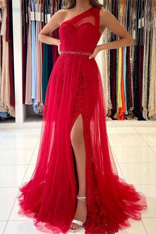 Langes A-Linien-Ballkleid aus Tüll mit One-Shoulder-Träger, Schlitz vorne und abnehmbarer Schleppe