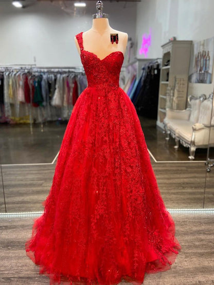 Long A-line One Shoulder Tulle Lace Prom Dress Red Backless Formal Evening Gowns