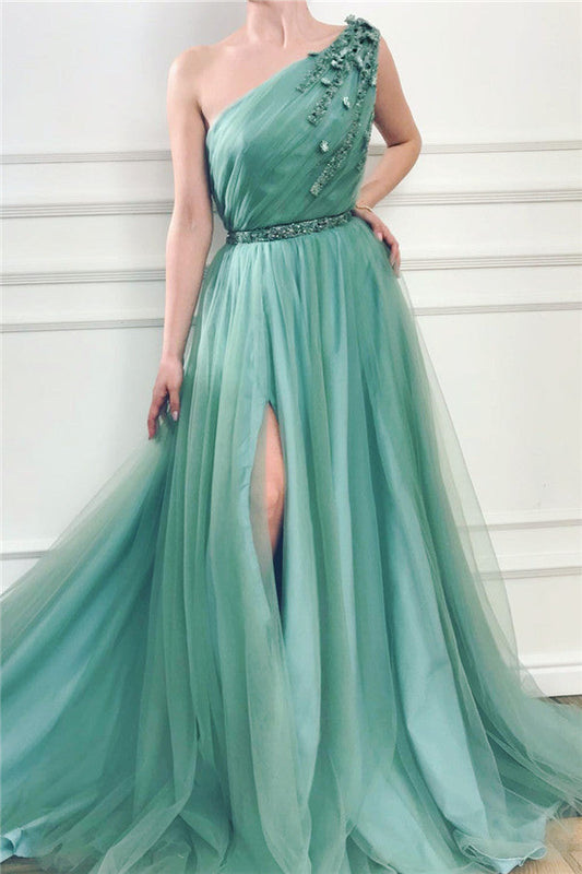 Langes A-Linien-Ballkleid aus Tüll mit One-Shoulder-Träger und Schlitz