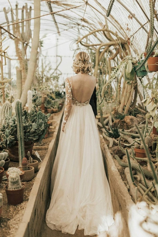 Langes A-Linien-Brautkleid mit offenem Rücken, Chiffon-Applikationen und Spitze und Ärmeln