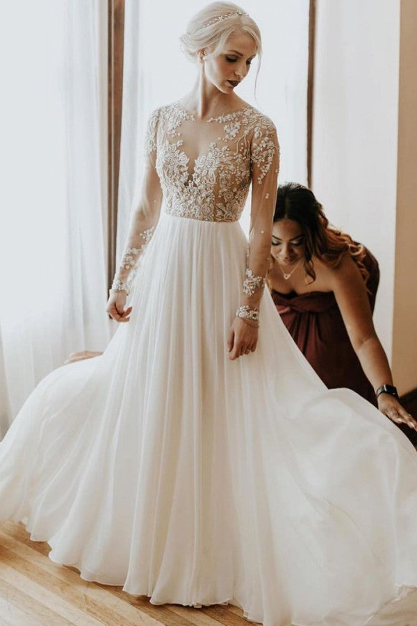 Langes A-Linien-Brautkleid mit offenem Rücken, Chiffon-Applikationen und Spitze und Ärmeln
