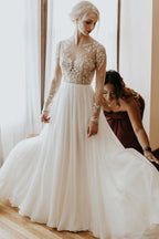 Langes A-Linien-Brautkleid mit offenem Rücken, Chiffon-Applikationen und Spitze und Ärmeln