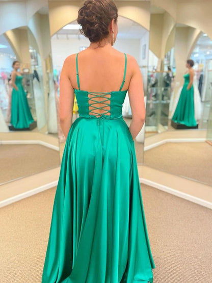 Vestido de fiesta largo de satén con corte A y bolsillos, verde, formal, de noche, con abertura