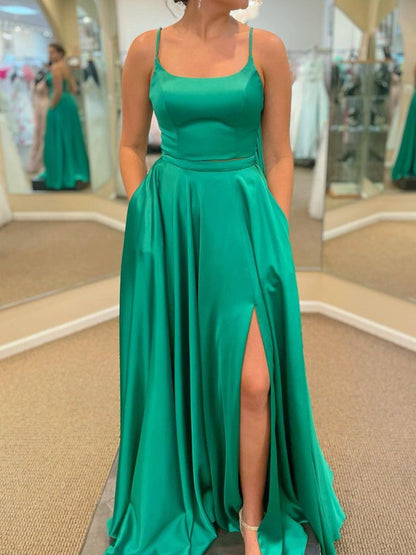Vestido de fiesta largo de satén con corte A y bolsillos, verde, formal, de noche, con abertura