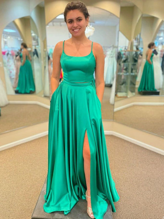 Vestido de fiesta largo de satén con corte A y bolsillos, verde, formal, de noche, con abertura
