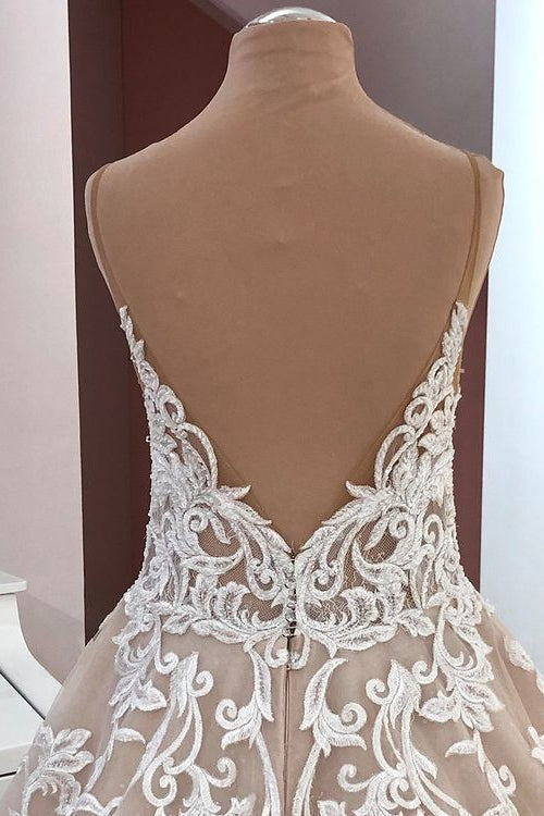 Langes A-Linien-Brautkleid mit Pailletten, Tüll und Spaghettiträgern und Applikationen