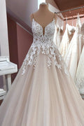 Langes A-Linien-Brautkleid mit Pailletten, Tüll und Spaghettiträgern und Applikationen