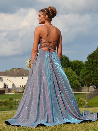 Vestidos de graduación formales largos de corte A sin mangas con espalda abierta y abertura