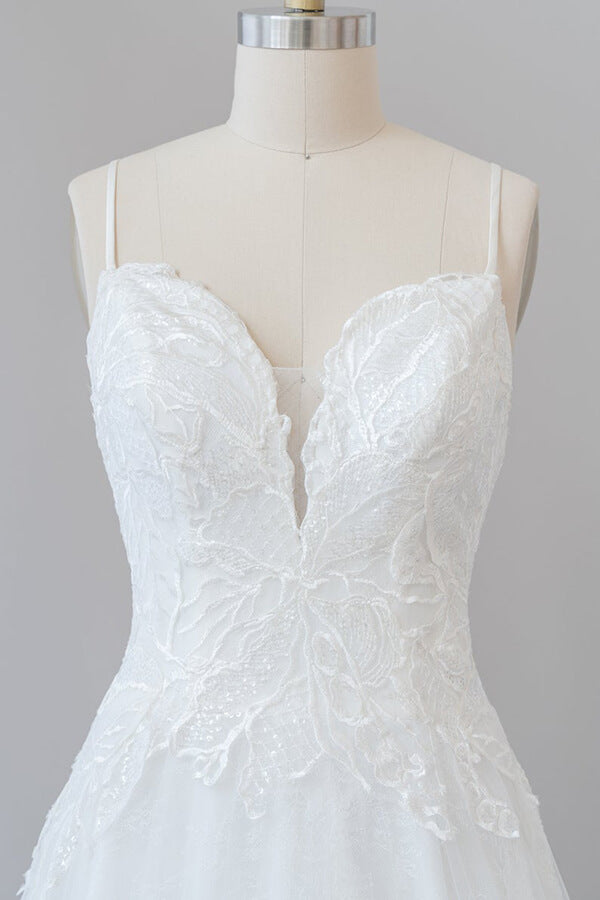 Long A-line Spaghetti Strap Applique Tulle Backless Wedding Dress