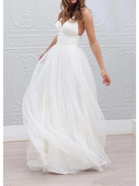 Long A-Line Spaghetti Strap Taffeta Tulle Chiffon Wedding Dresses