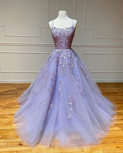 Long A-Line Spaghetti Straps Lace Tulle Open Back Prom Dress